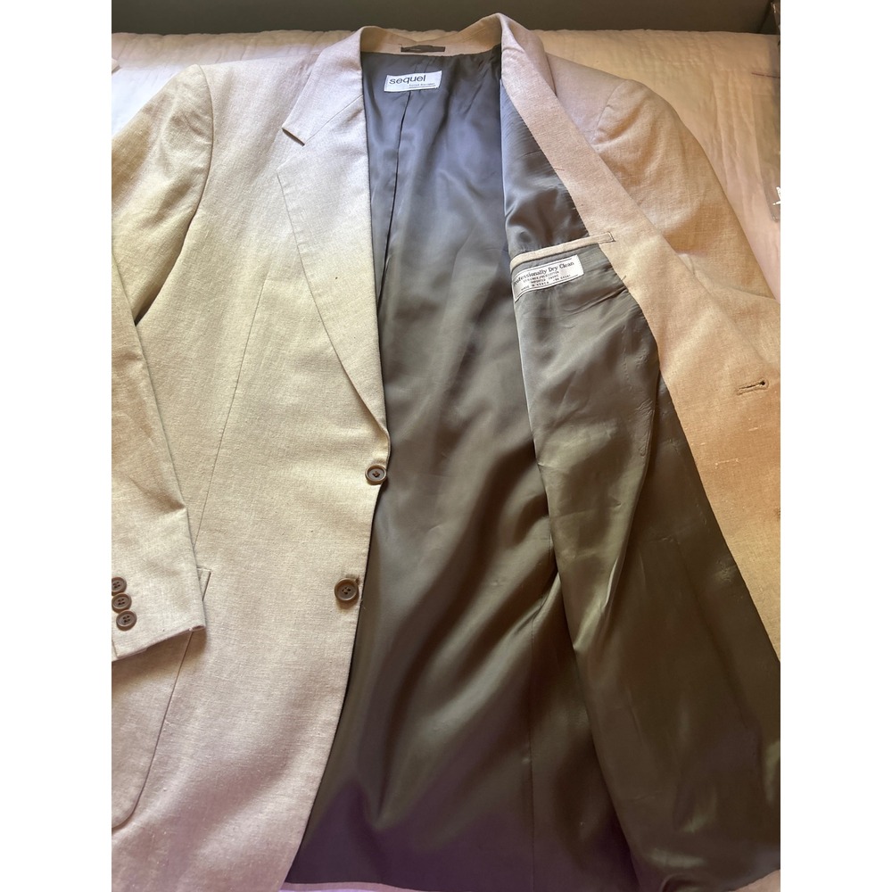 Sequel Louis Raphael Mens 41L Tan Linen Cotton 2 Button Blazer Sport Coat Patch